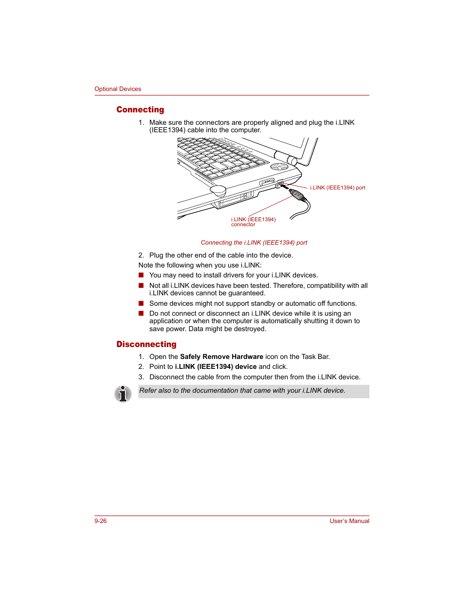 Connecting, Disconnecting, Connecting -26 disconnecting -26 | Toshiba Qosmio G20 (PQG20) User Manual | Page 190 / 264