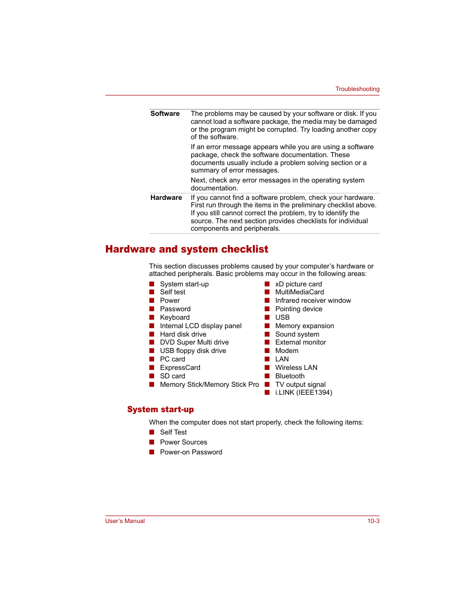 Hardware and system checklist, System start-up, Hardware and system checklist -3 | System start-up -3 | Toshiba Qosmio G20 (PQG20) User Manual | Page 195 / 264