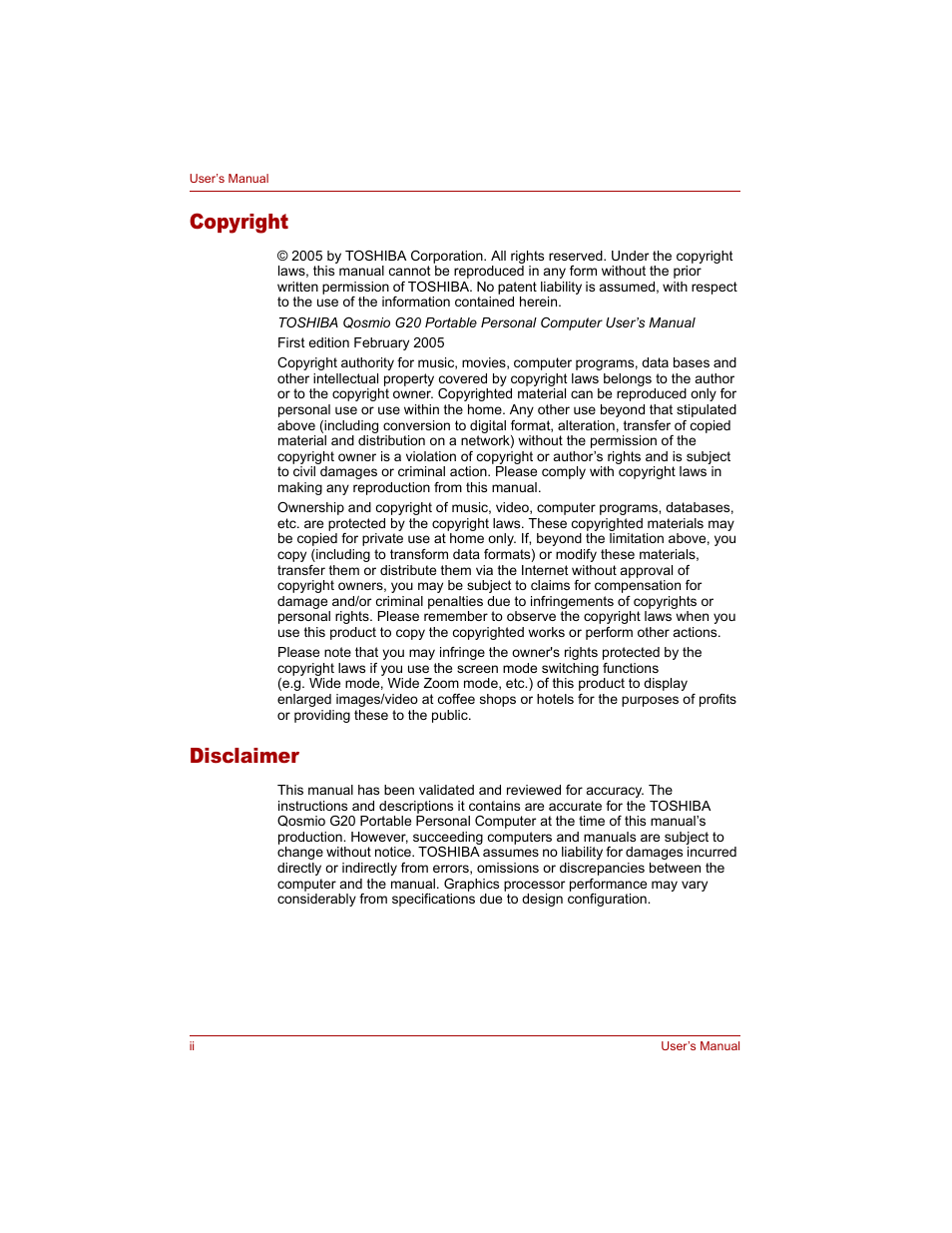 Copyright, Disclaimer | Toshiba Qosmio G20 (PQG20) User Manual | Page 2 / 264