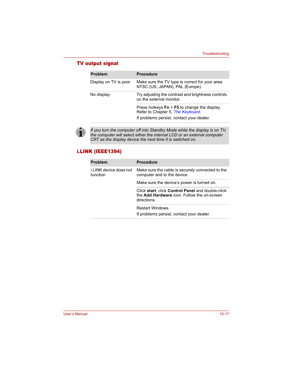 Tv output signal, I.link (ieee1394), Tv output signal -17 i.link (ieee1394) -17 | Toshiba Qosmio G20 (PQG20) User Manual | Page 209 / 264