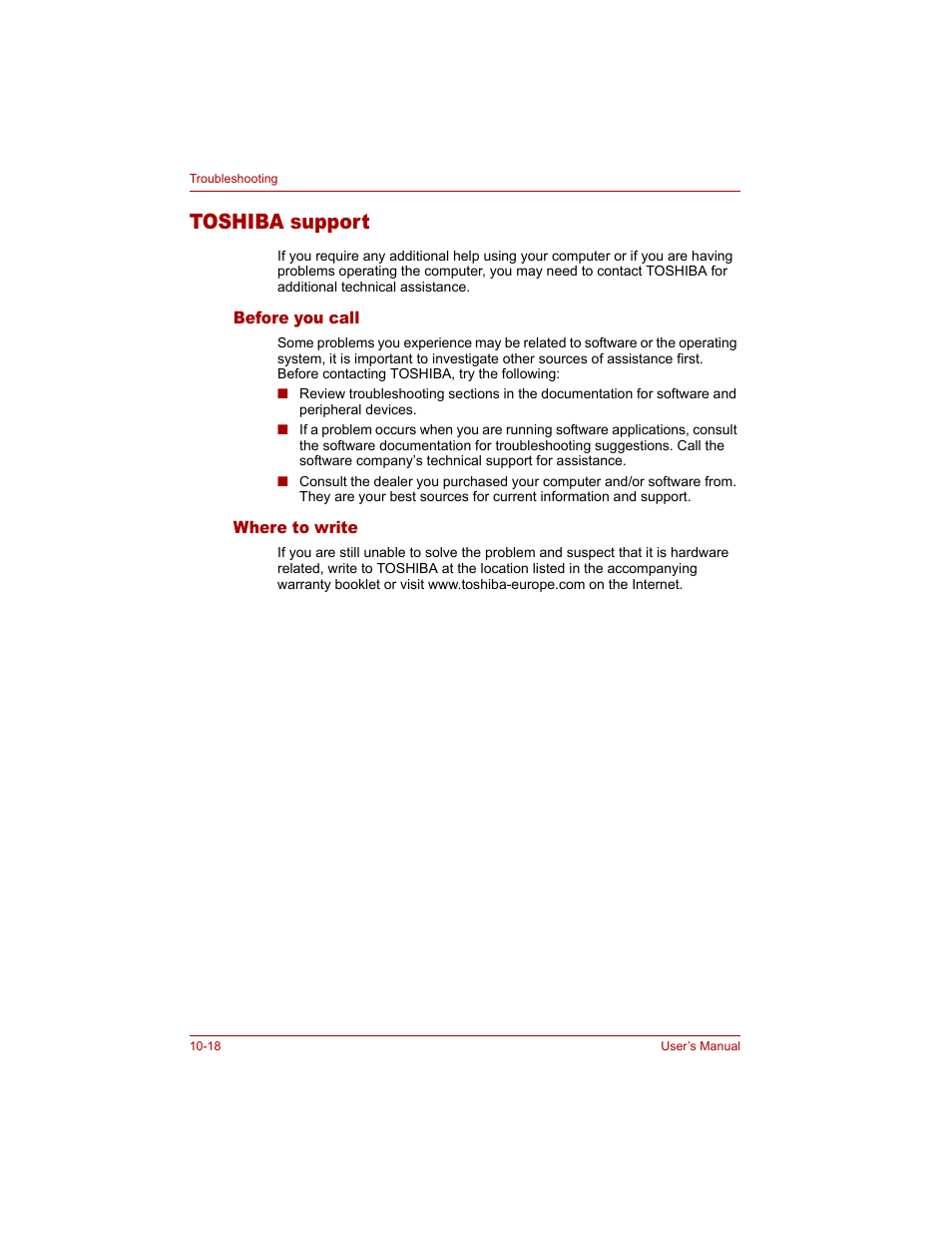 Toshiba support, Before you call, Where to write | Toshiba support -18, Before you call -18 where to write -18 | Toshiba Qosmio G20 (PQG20) User Manual | Page 210 / 264