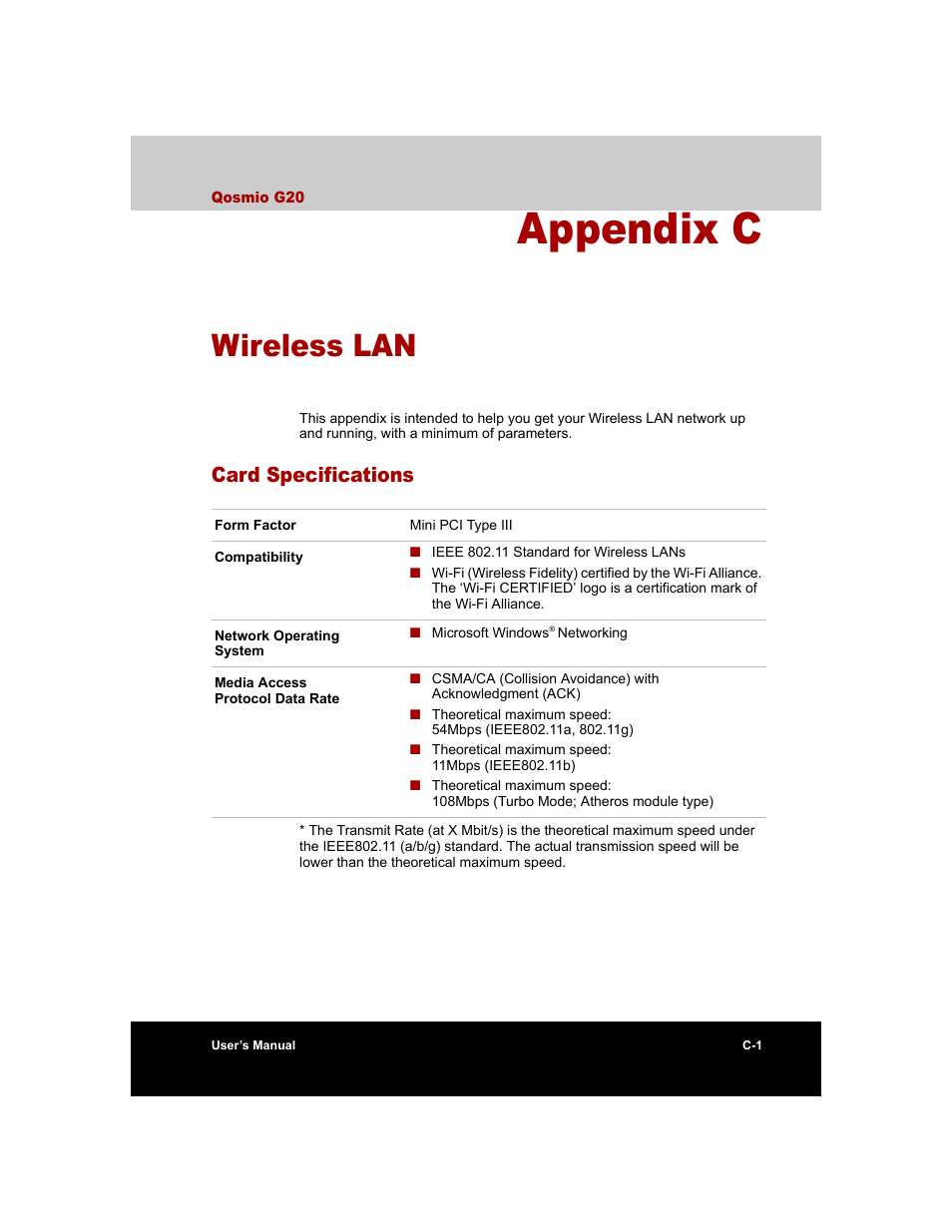 Appendix c - wireless lan, Card specifications, Appendix c | Wireless lan | Toshiba Qosmio G20 (PQG20) User Manual | Page 221 / 264