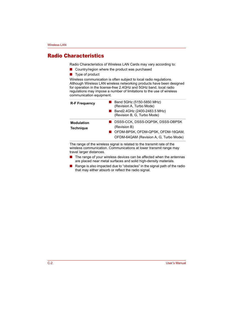 Radio characteristics | Toshiba Qosmio G20 (PQG20) User Manual | Page 222 / 264