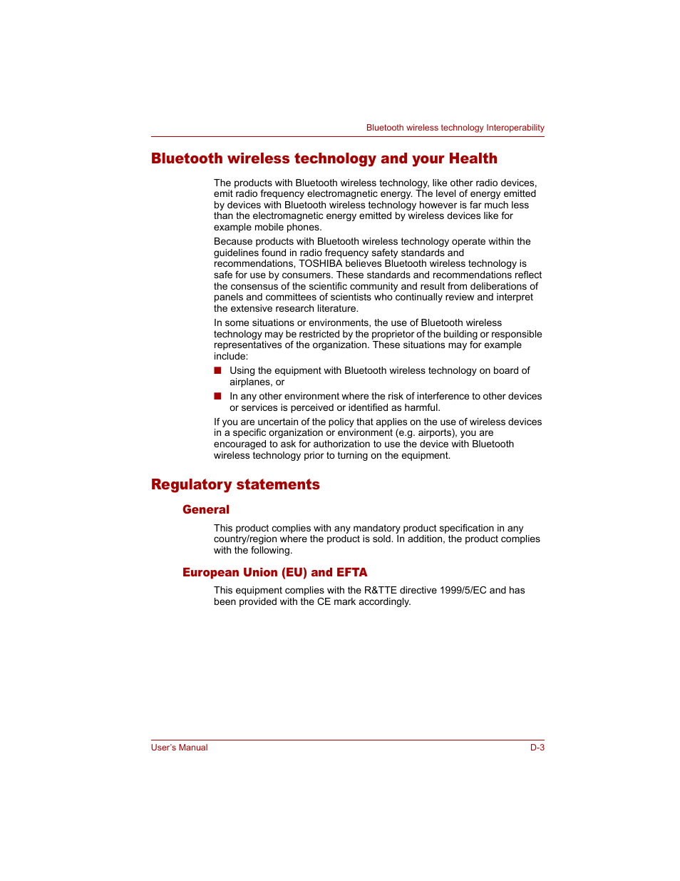 Bluetooth wireless technology and your health, Regulatory statements, General | European union (eu) and efta | Toshiba Qosmio G20 (PQG20) User Manual | Page 229 / 264