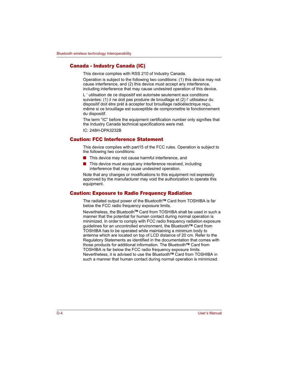 Canada - industry canada (ic), Caution: fcc interference statement, Caution: exposure to radio frequency radiation | Toshiba Qosmio G20 (PQG20) User Manual | Page 230 / 264