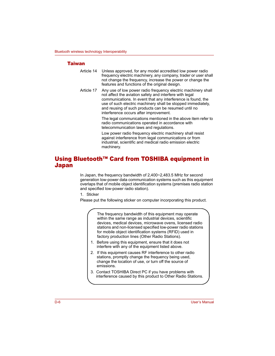 Taiwan | Toshiba Qosmio G20 (PQG20) User Manual | Page 232 / 264