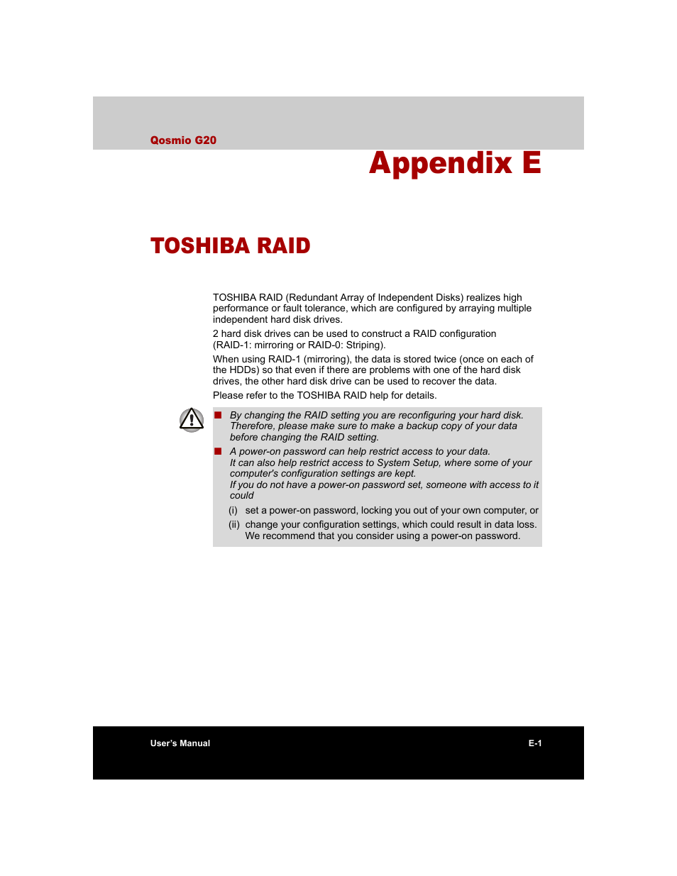 Appendix e - toshiba raid, Appendix e, Toshiba raid | Toshiba Qosmio G20 (PQG20) User Manual | Page 235 / 264