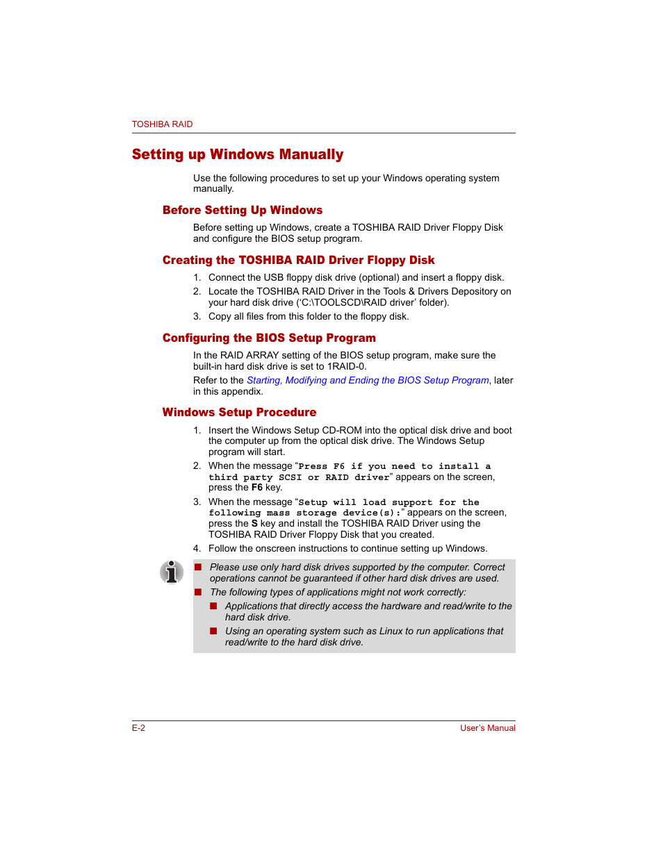 Setting up windows manually, Before setting up windows, Creating the toshiba raid driver floppy disk | Configuring the bios setup program, Windows setup procedure | Toshiba Qosmio G20 (PQG20) User Manual | Page 236 / 264