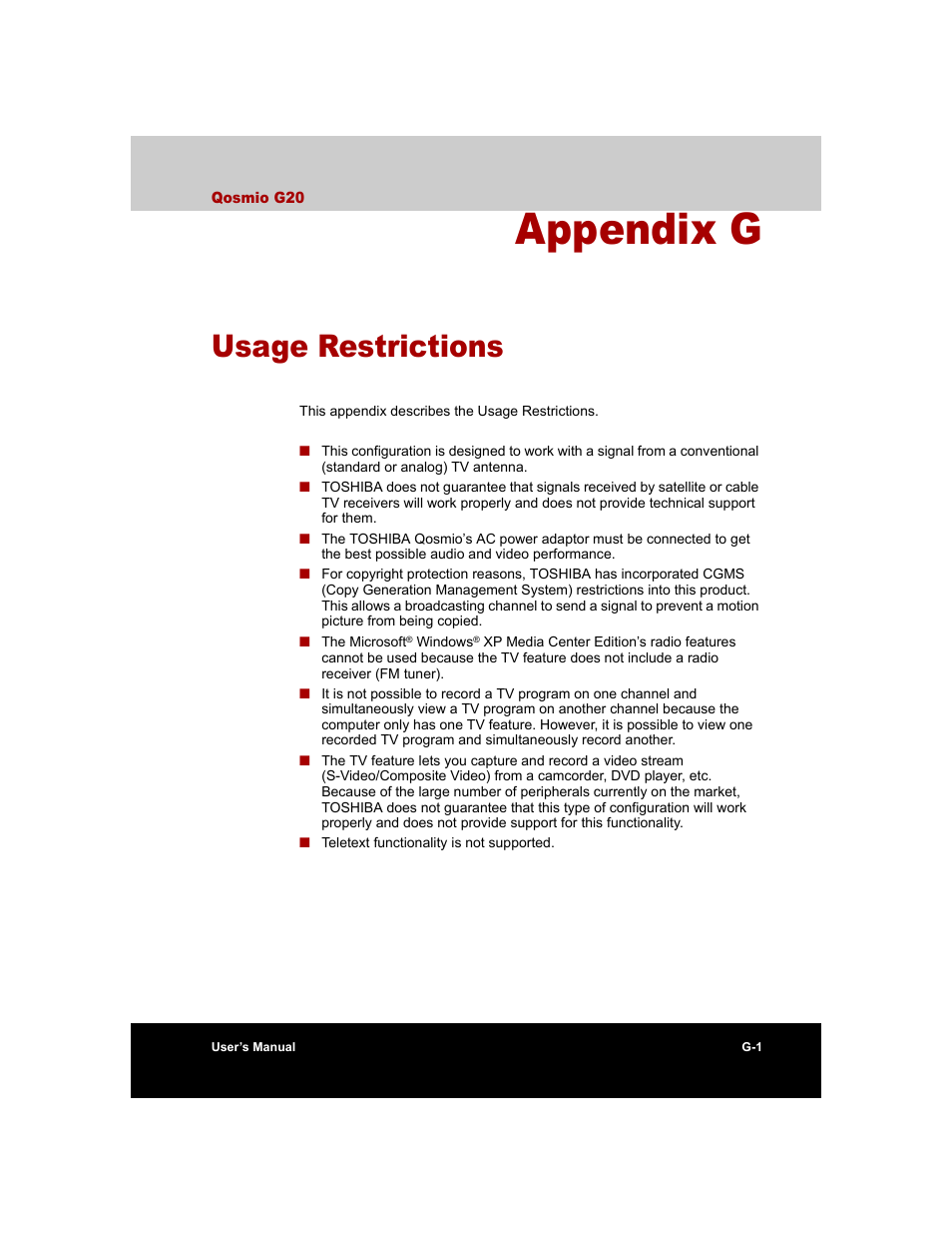 Appendix g - usage restrictions, Appendix g, Usage restrictions | Toshiba Qosmio G20 (PQG20) User Manual | Page 243 / 264