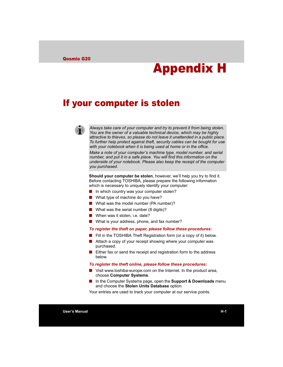 Appendix h - if your computer is stolen, Appendix h, If your computer is stolen | Toshiba Qosmio G20 (PQG20) User Manual | Page 245 / 264