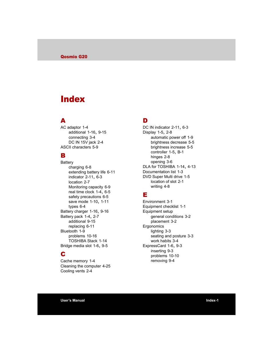 Index | Toshiba Qosmio G20 (PQG20) User Manual | Page 261 / 264