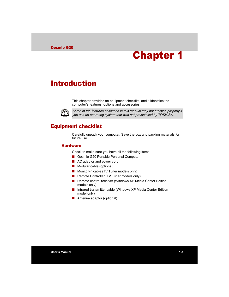 Chapter 1 - introduction, Equipment checklist, Hardware | Chapter 1, Introduction, Equipment checklist -1, Hardware -1, Is an overvie | Toshiba Qosmio G20 (PQG20) User Manual | Page 27 / 264