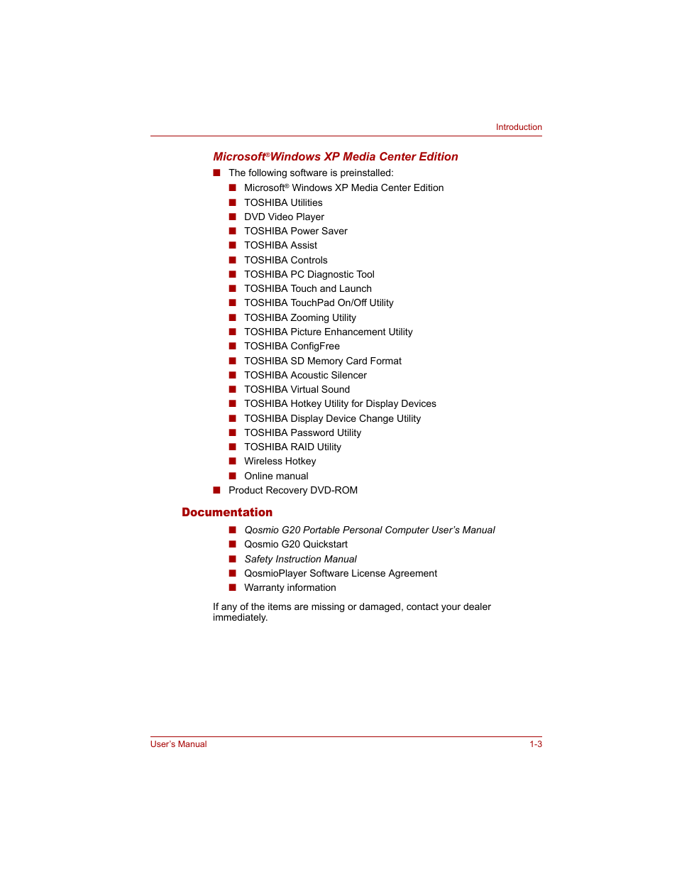 Documentation, Documentation -3 | Toshiba Qosmio G20 (PQG20) User Manual | Page 29 / 264