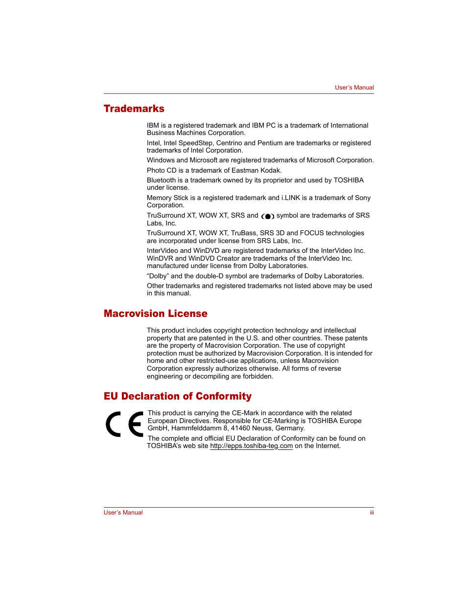 Trademarks, Macrovision license, Eu declaration of conformity | Toshiba Qosmio G20 (PQG20) User Manual | Page 3 / 264