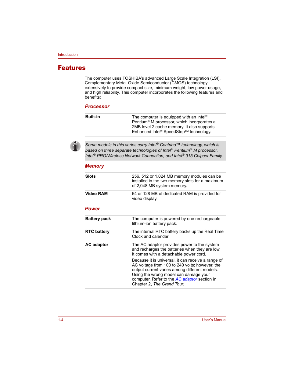 Features, Features -4 | Toshiba Qosmio G20 (PQG20) User Manual | Page 30 / 264