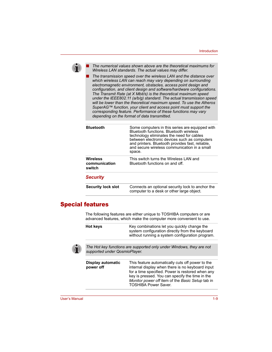 Special features, Special features -9 | Toshiba Qosmio G20 (PQG20) User Manual | Page 35 / 264