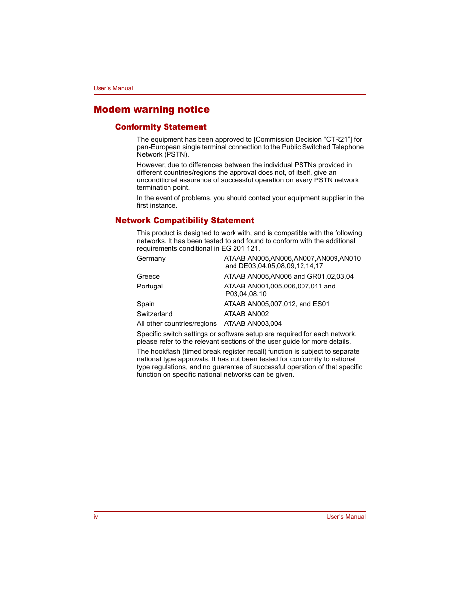 Modem warning notice | Toshiba Qosmio G20 (PQG20) User Manual | Page 4 / 264