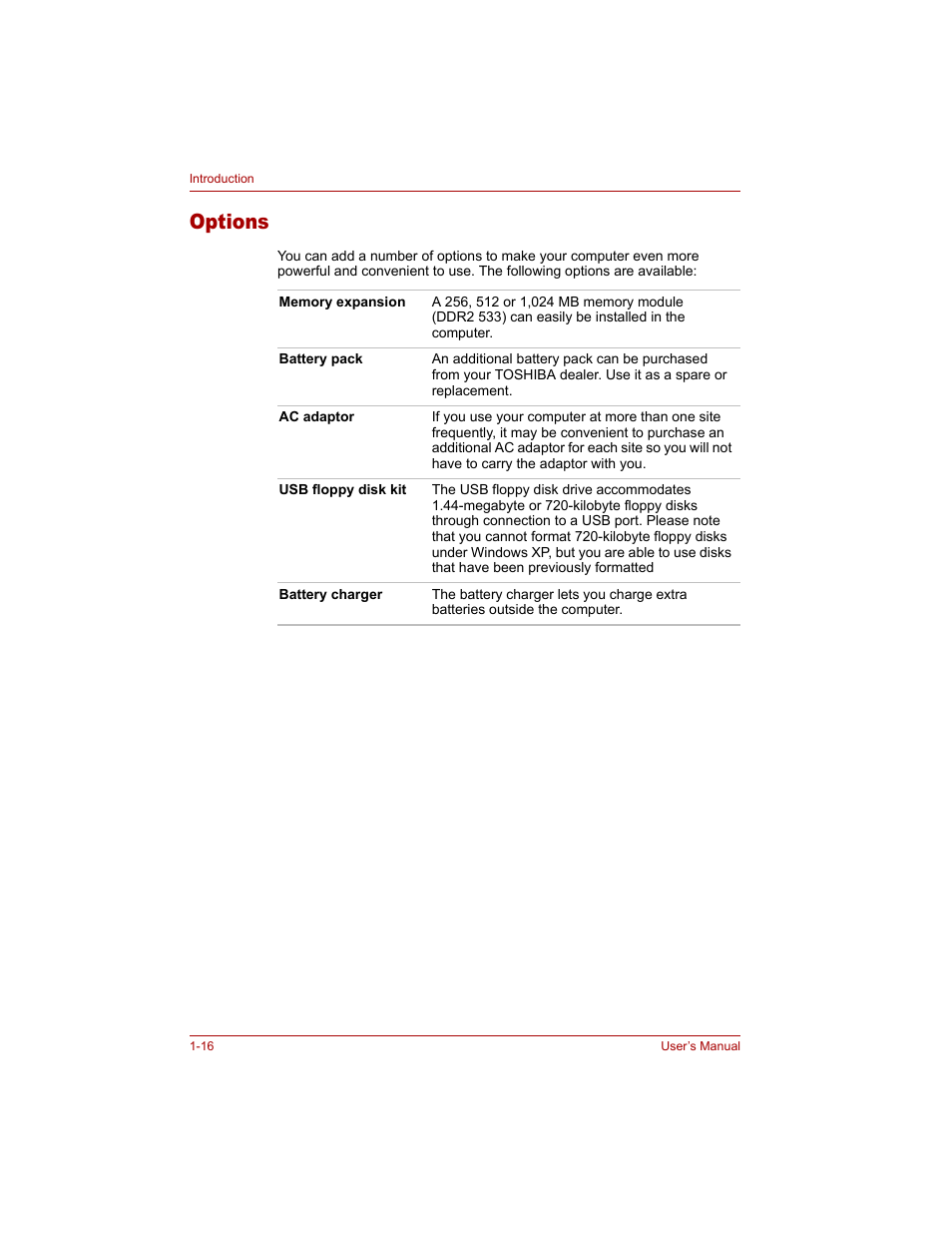 Options, Options -16 | Toshiba Qosmio G20 (PQG20) User Manual | Page 42 / 264