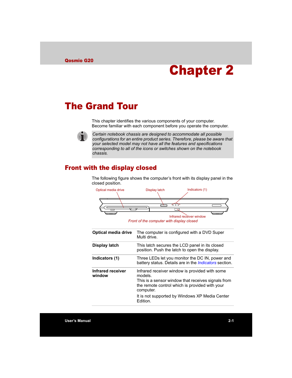 Chapter 2 - the grand tour, Front with the display closed, Chapter 2 | The grand tour, Front with the display closed -1 | Toshiba Qosmio G20 (PQG20) User Manual | Page 43 / 264