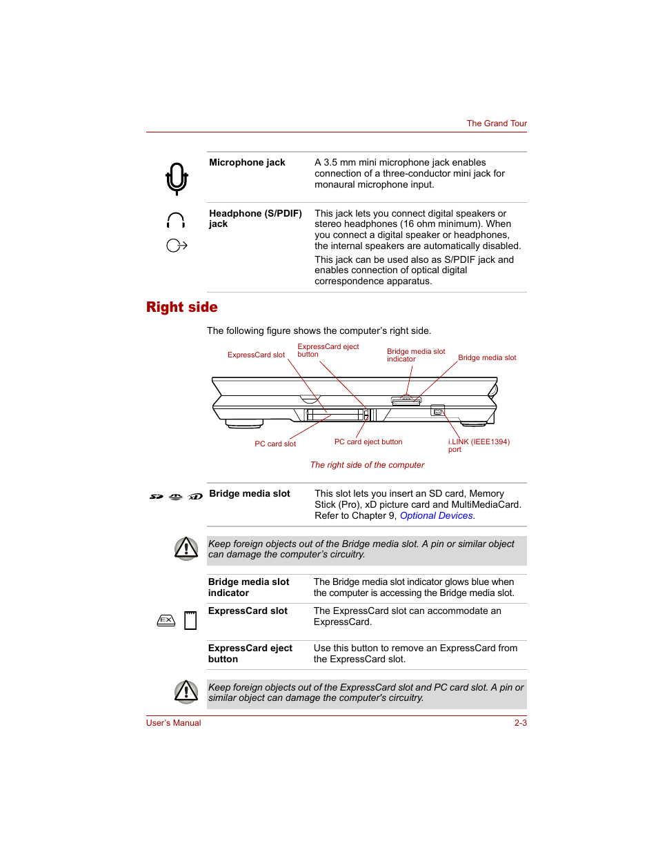 Right side, Right side -3 | Toshiba Qosmio G20 (PQG20) User Manual | Page 45 / 264