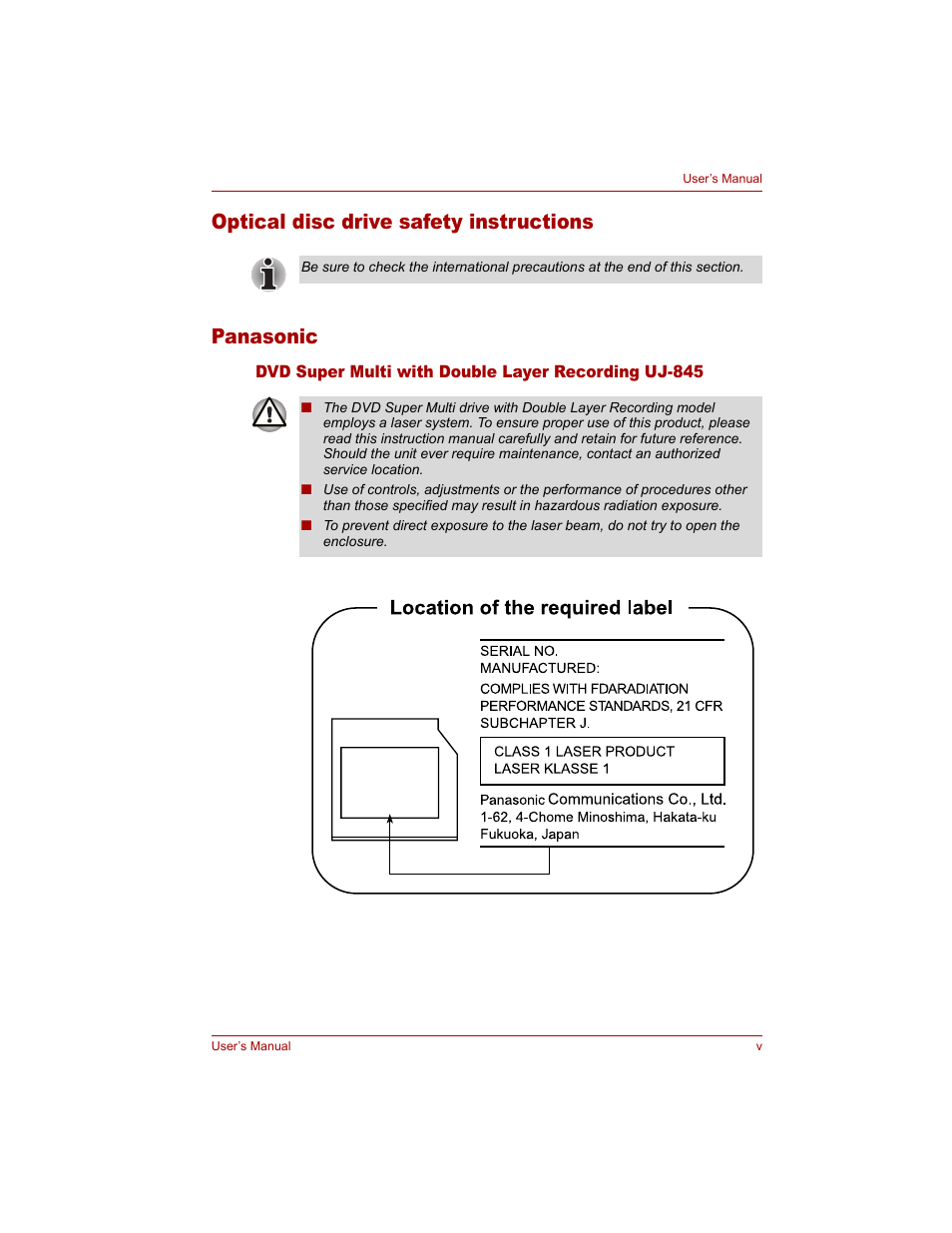 Optical disc drive safety instructions panasonic | Toshiba Qosmio G20 (PQG20) User Manual | Page 5 / 264