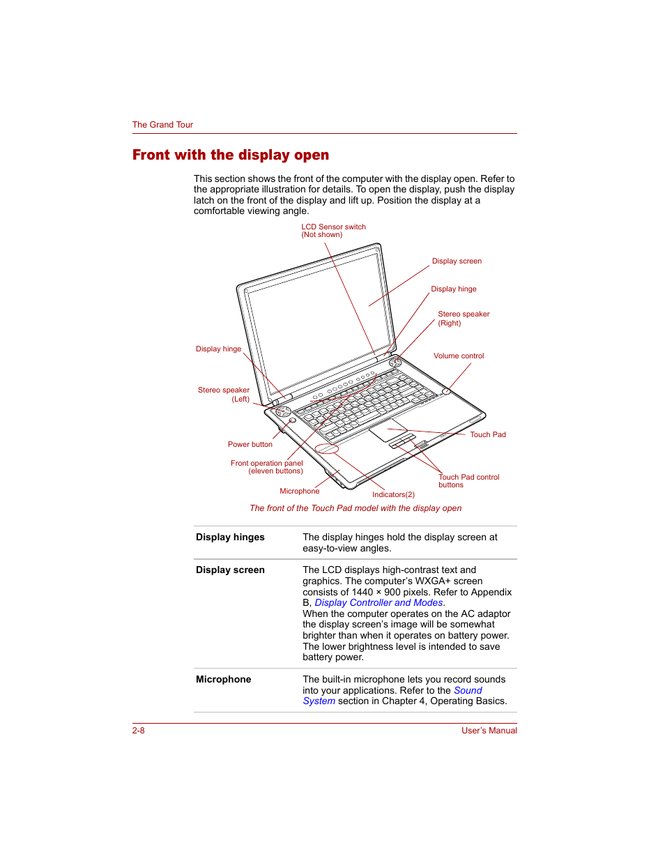 Front with the display open, Front with the display open -8 | Toshiba Qosmio G20 (PQG20) User Manual | Page 50 / 264