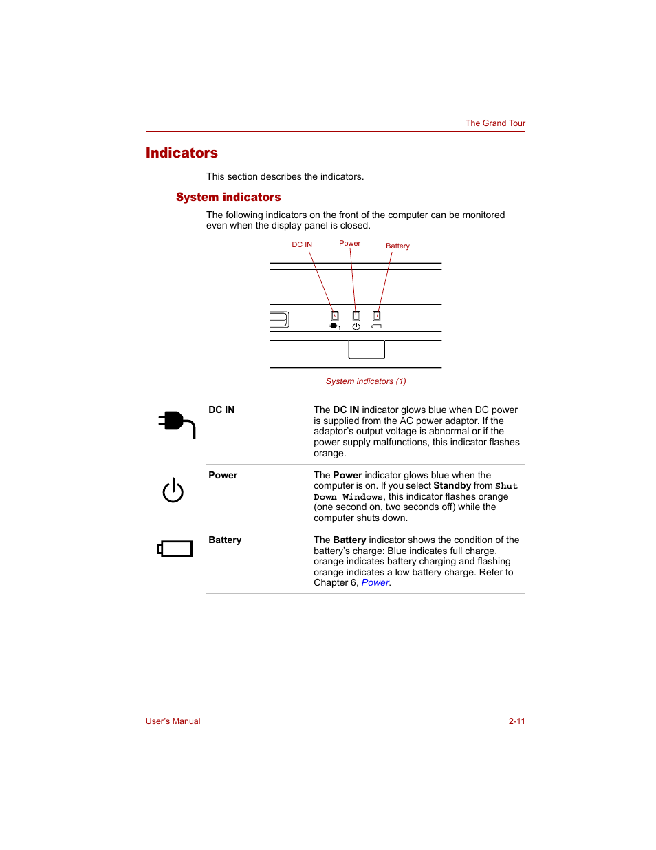 Indicators, System indicators, Indicators -11 | System indicators -11, Section | Toshiba Qosmio G20 (PQG20) User Manual | Page 53 / 264