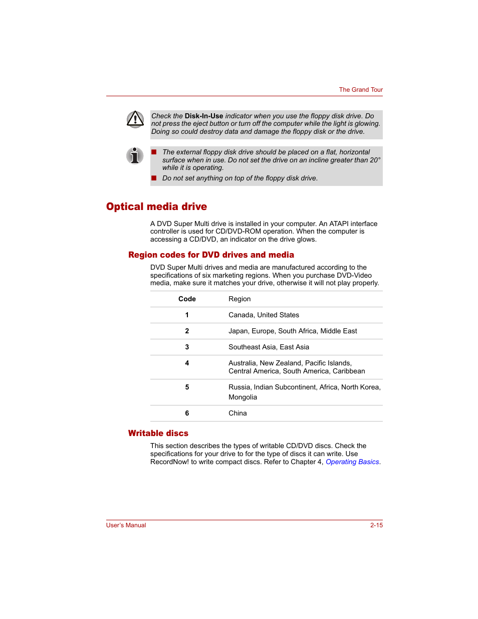 Optical media drive, Region codes for dvd drives and media, Writable discs | Optical media drive -15 | Toshiba Qosmio G20 (PQG20) User Manual | Page 57 / 264