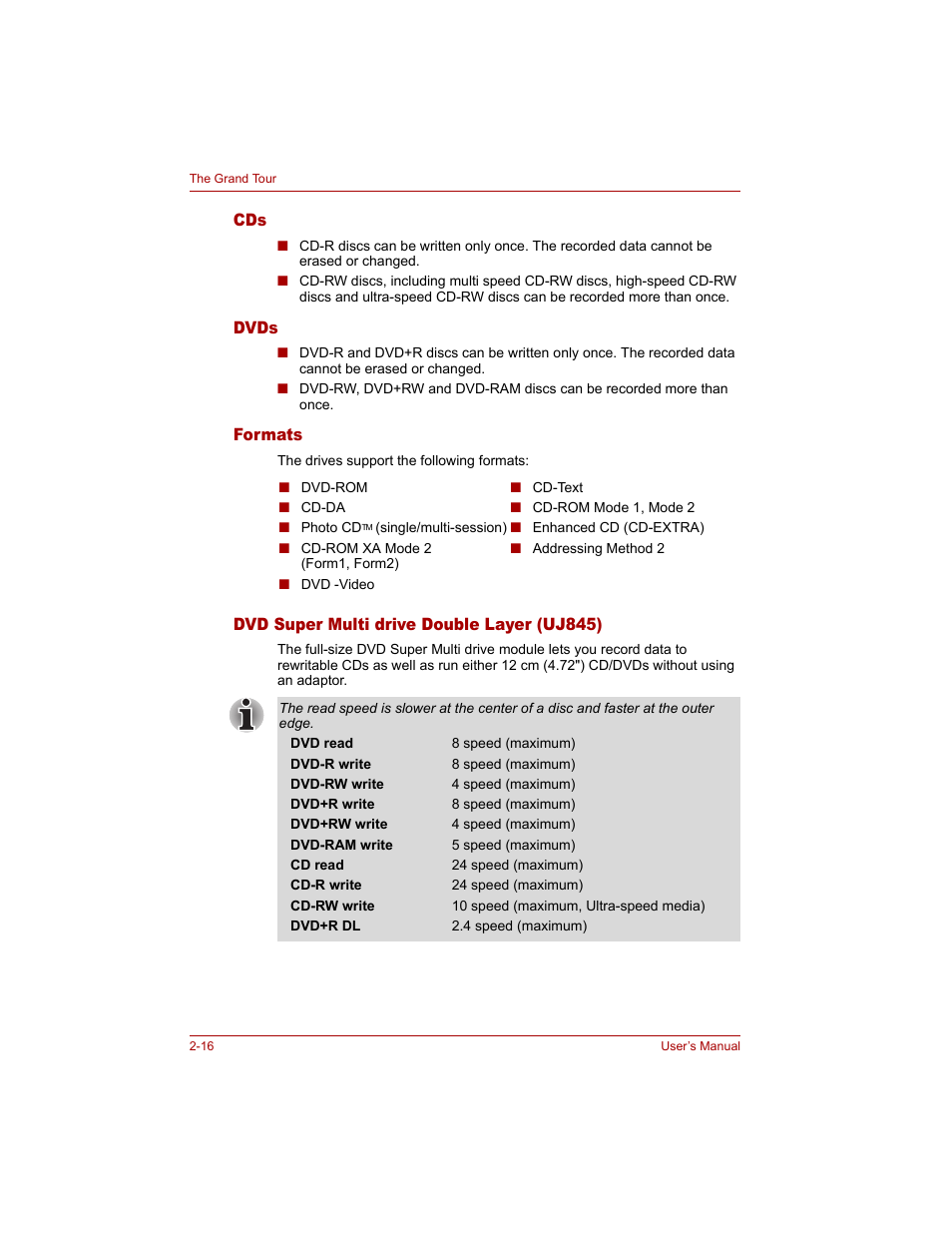 Dvds, Formats, Dvd super multi drive double layer (uj845) | Toshiba Qosmio G20 (PQG20) User Manual | Page 58 / 264