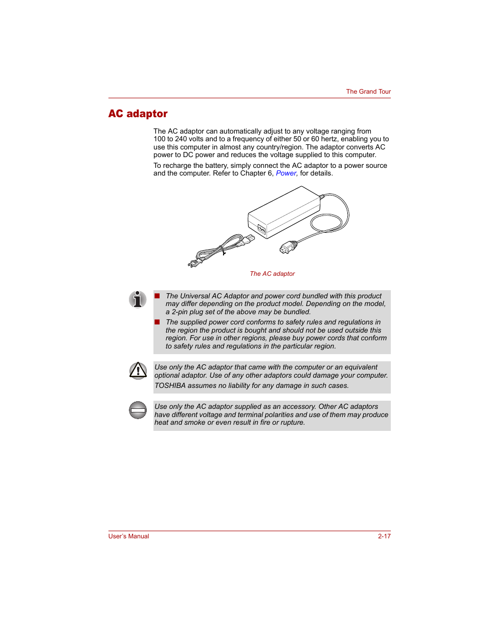 Ac adaptor, Ac adaptor -17 | Toshiba Qosmio G20 (PQG20) User Manual | Page 59 / 264