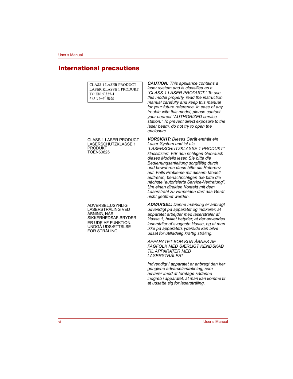 International precautions | Toshiba Qosmio G20 (PQG20) User Manual | Page 6 / 264