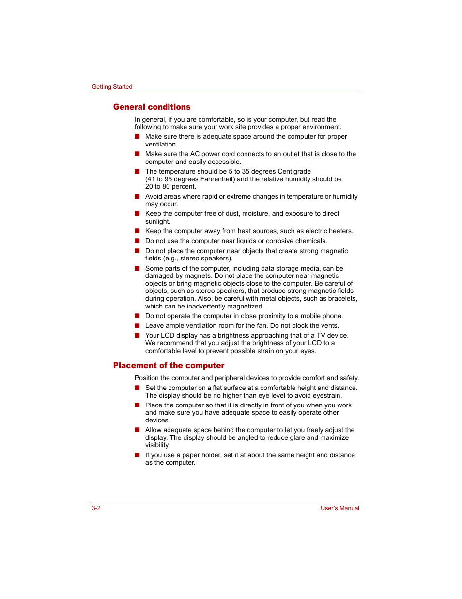 General conditions, Placement of the computer, General conditions -2 placement of the computer -2 | Toshiba Qosmio G20 (PQG20) User Manual | Page 62 / 264