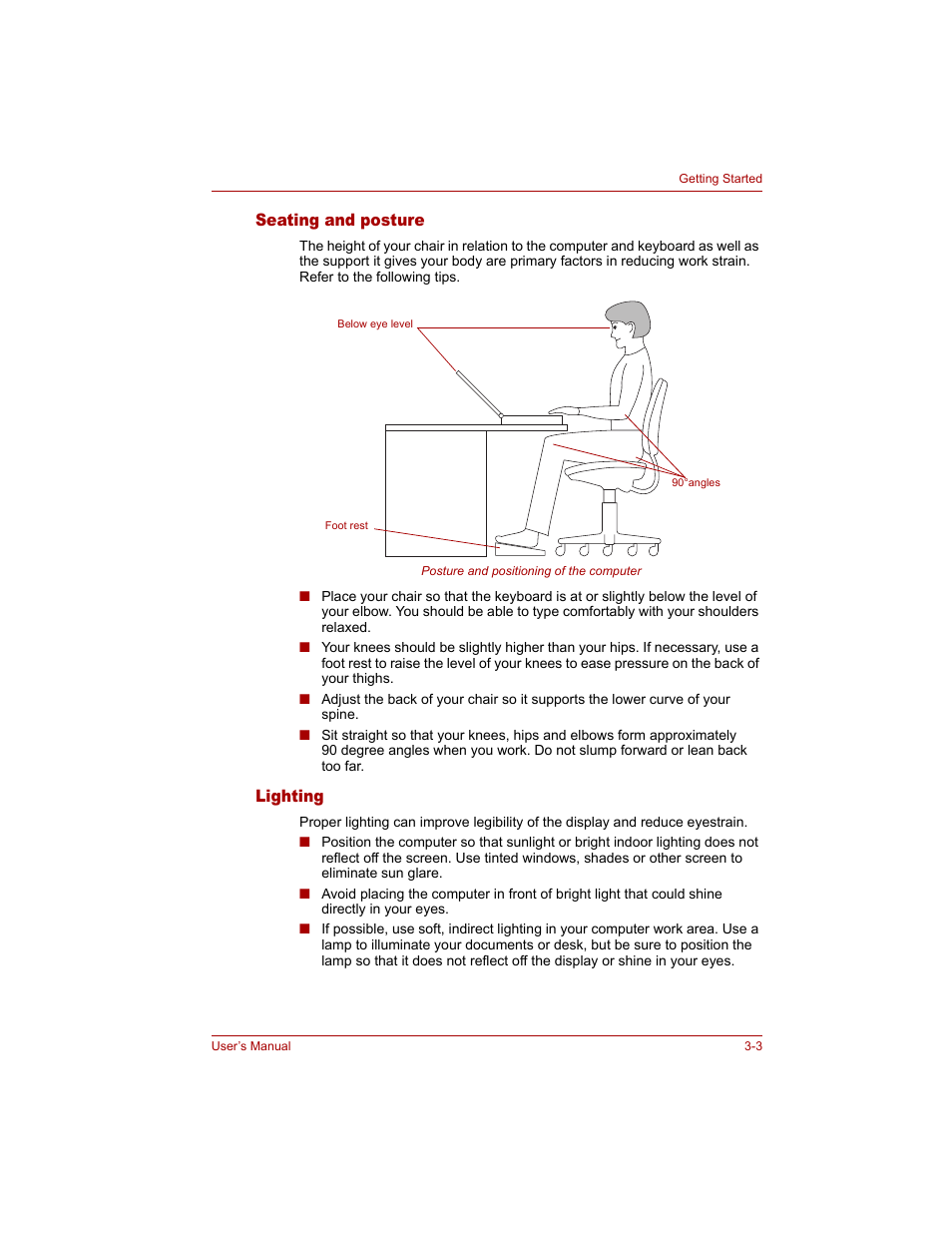 Seating and posture, Lighting, Seating and posture -3 lighting -3 | Toshiba Qosmio G20 (PQG20) User Manual | Page 63 / 264