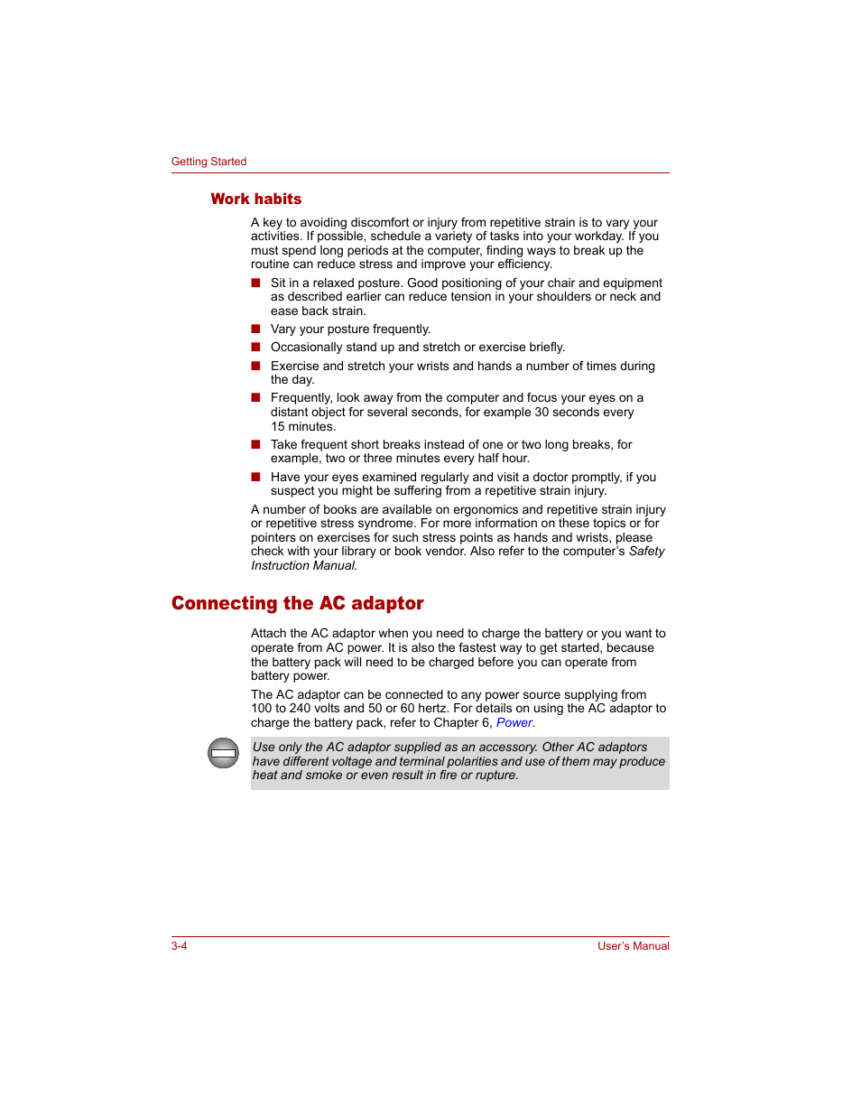 Work habits, Connecting the ac adaptor, Work habits -4 | Connecting the ac adaptor -4 | Toshiba Qosmio G20 (PQG20) User Manual | Page 64 / 264