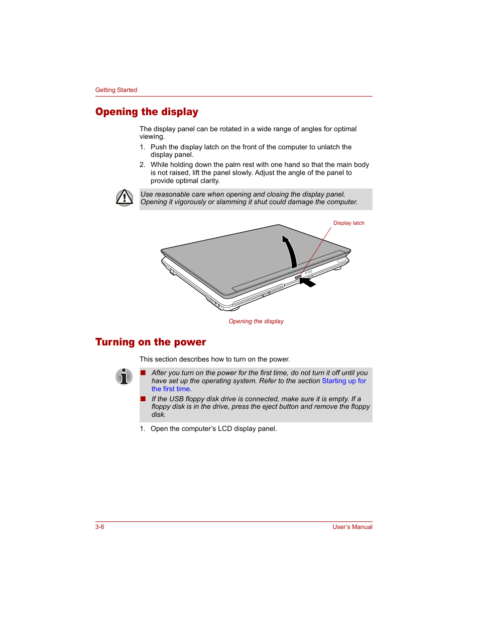 Opening the display, Turning on the power, Opening the display -6 turning on the power -6 | Toshiba Qosmio G20 (PQG20) User Manual | Page 66 / 264