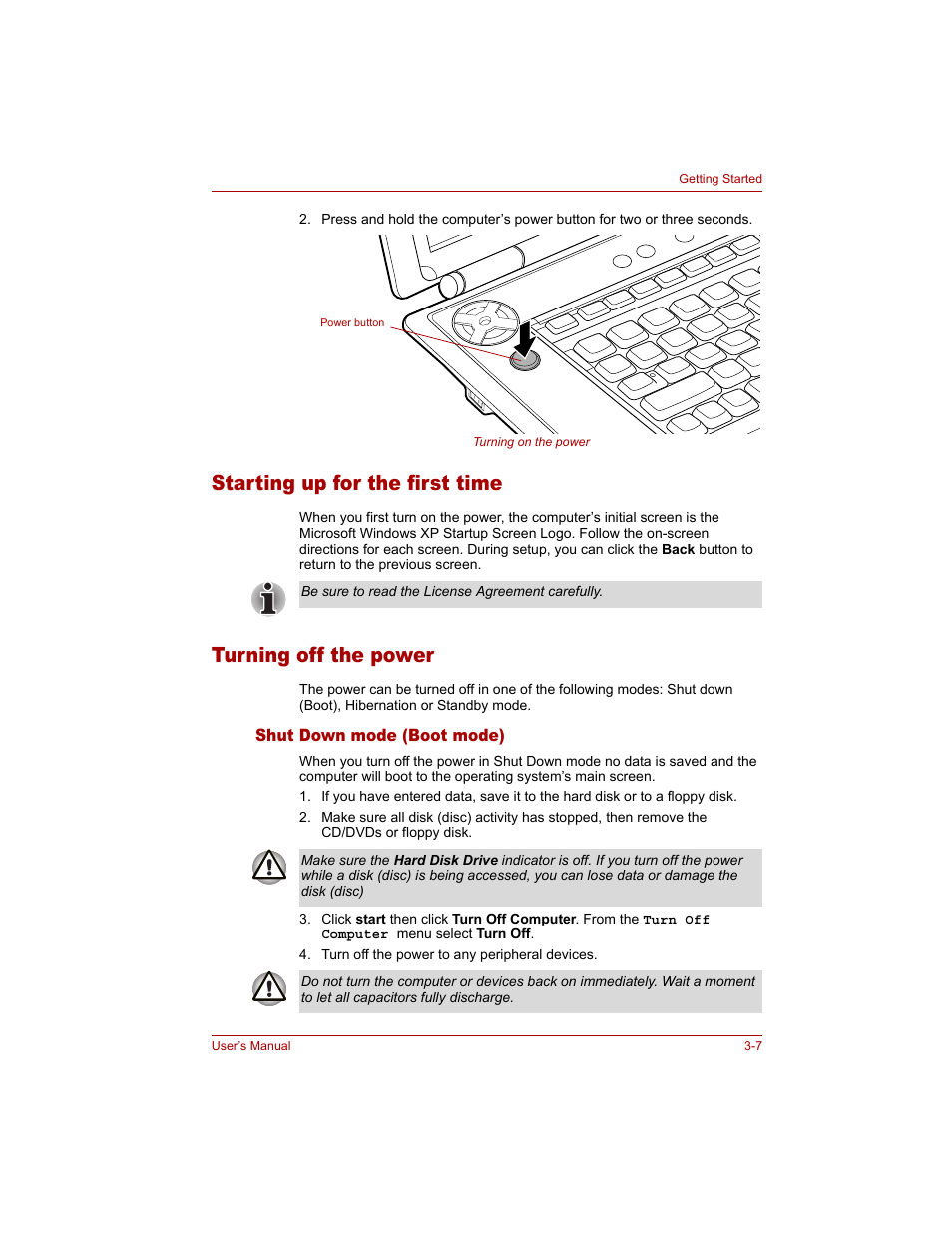 Starting up for the first time, Turning off the power, Shut down mode (boot mode) | Shut down mode (boot mode) -7, Starting up for, The first time | Toshiba Qosmio G20 (PQG20) User Manual | Page 67 / 264