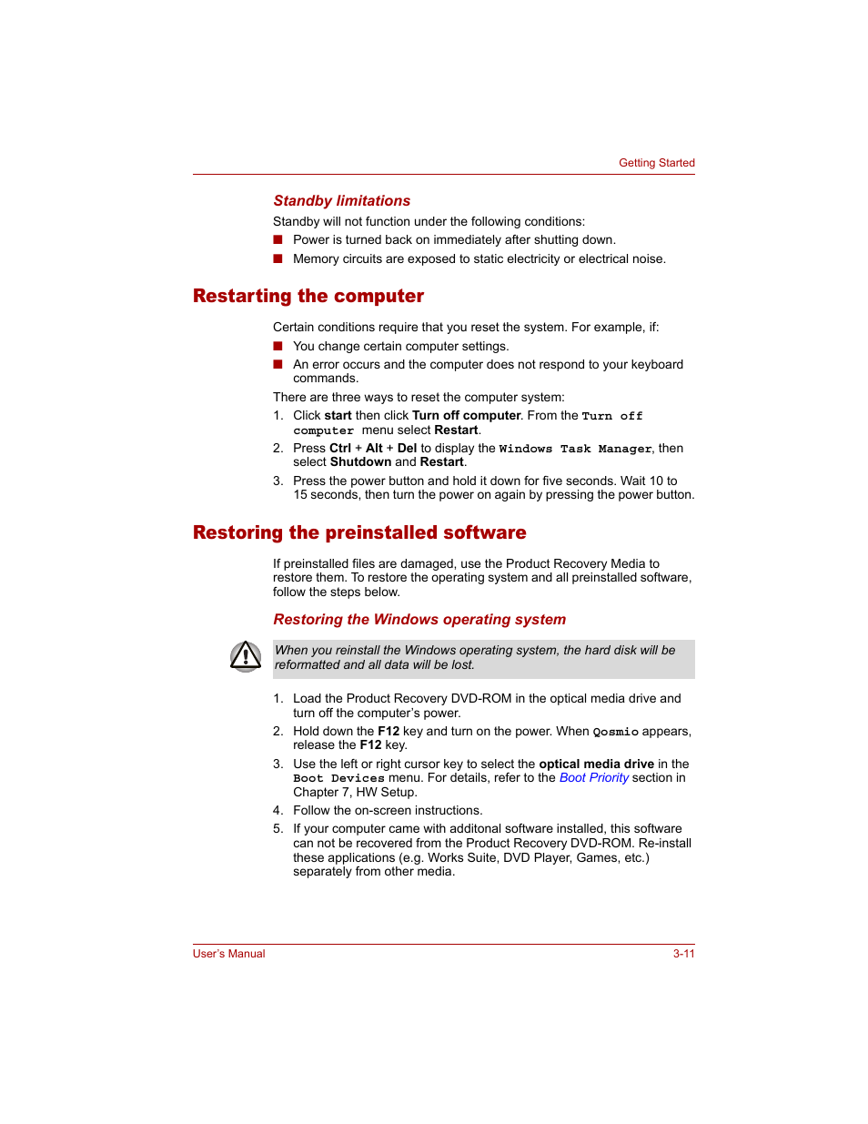 Restarting the computer, Restoring the preinstalled software | Toshiba Qosmio G20 (PQG20) User Manual | Page 71 / 264