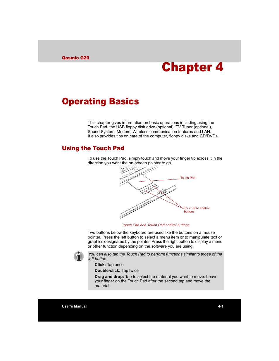 Chapter 4 - operating basics, Using the touch pad, Chapter 4 | Operating basics, Using the touch pad -1, Using, The touch pad | Toshiba Qosmio G20 (PQG20) User Manual | Page 73 / 264