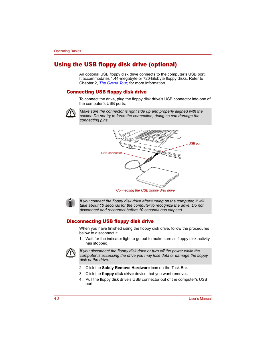 Using the usb floppy disk drive (optional), Connecting usb floppy disk drive, Disconnecting usb floppy disk drive | Using the usb floppy disk drive (optional) -2 | Toshiba Qosmio G20 (PQG20) User Manual | Page 74 / 264