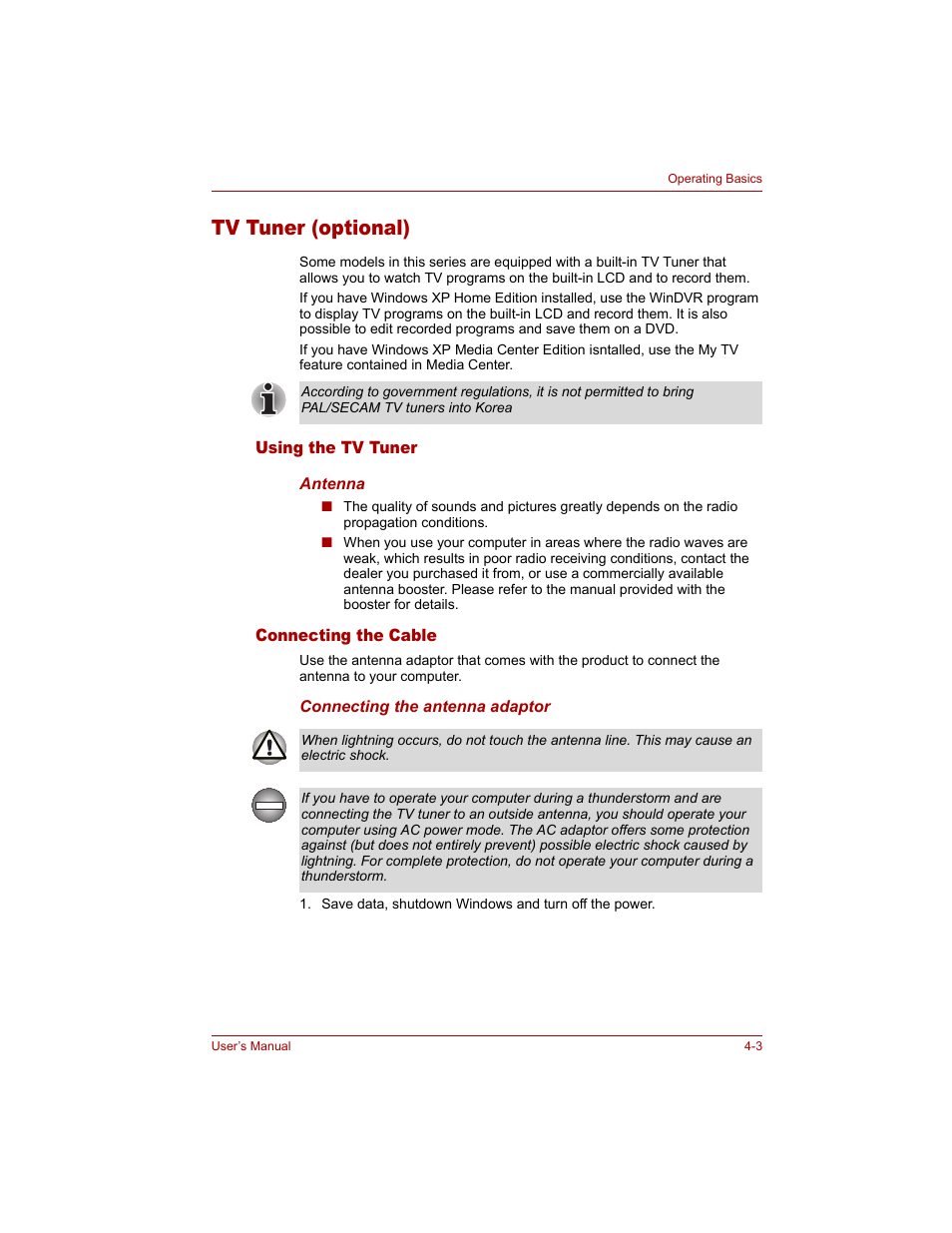 Tv tuner (optional), Using the tv tuner, Connecting the cable | Tv tuner (optional) -3, Using the tv tuner -3 connecting the cable -3 | Toshiba Qosmio G20 (PQG20) User Manual | Page 75 / 264