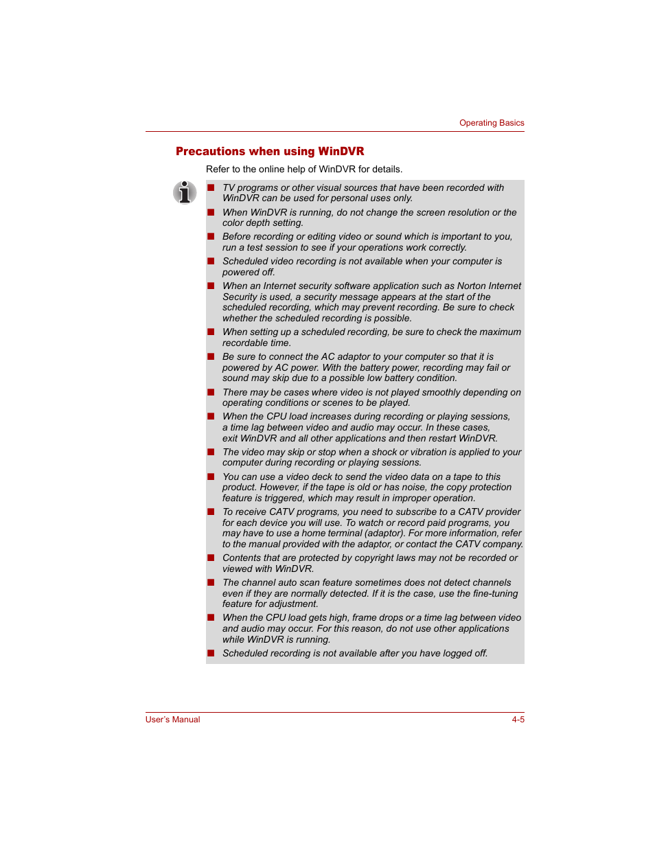 Precautions when using windvr, Precautions when using windvr -5 | Toshiba Qosmio G20 (PQG20) User Manual | Page 77 / 264