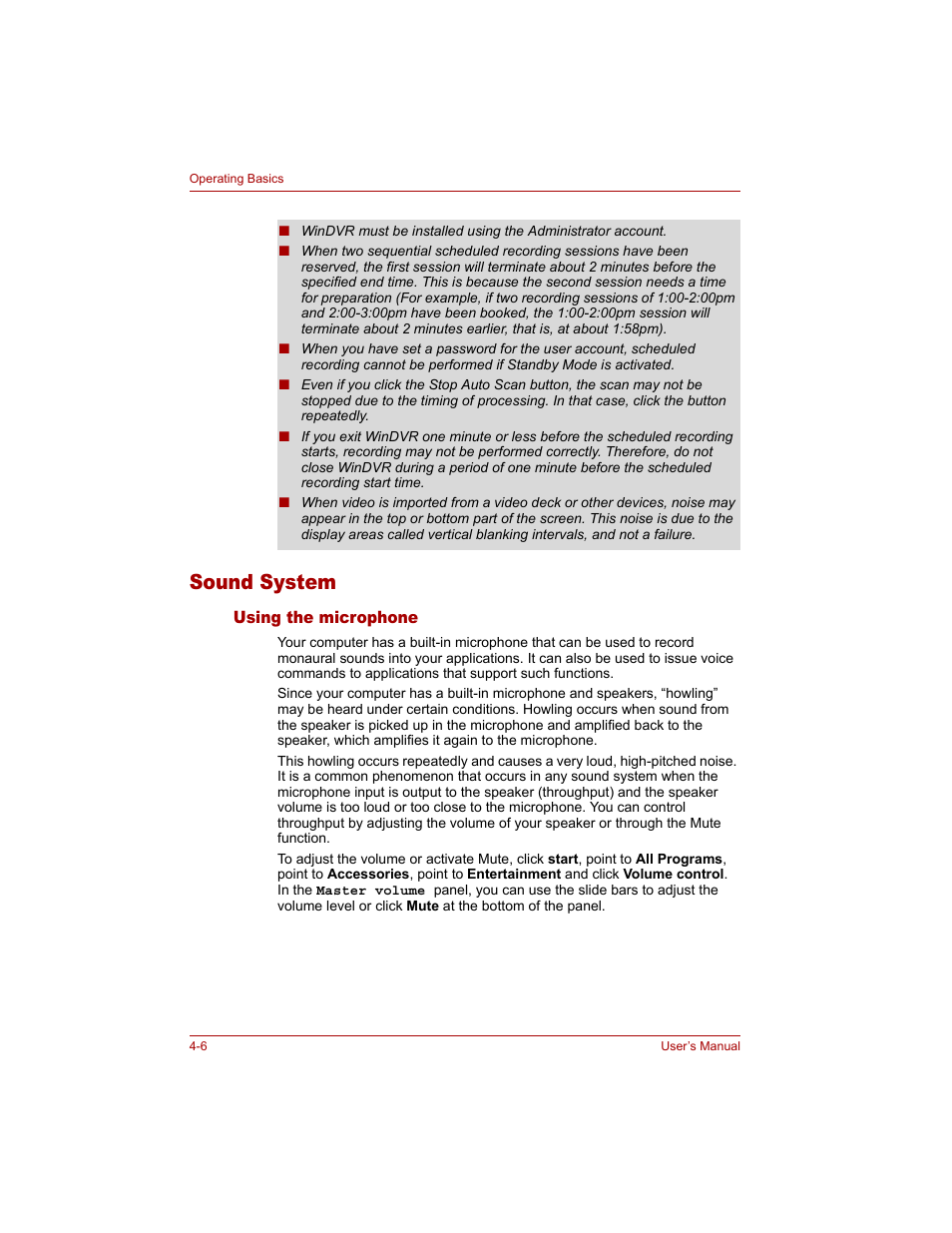 Sound system, Using the microphone, Sound system -6 | Using the microphone -6, Sound, System | Toshiba Qosmio G20 (PQG20) User Manual | Page 78 / 264