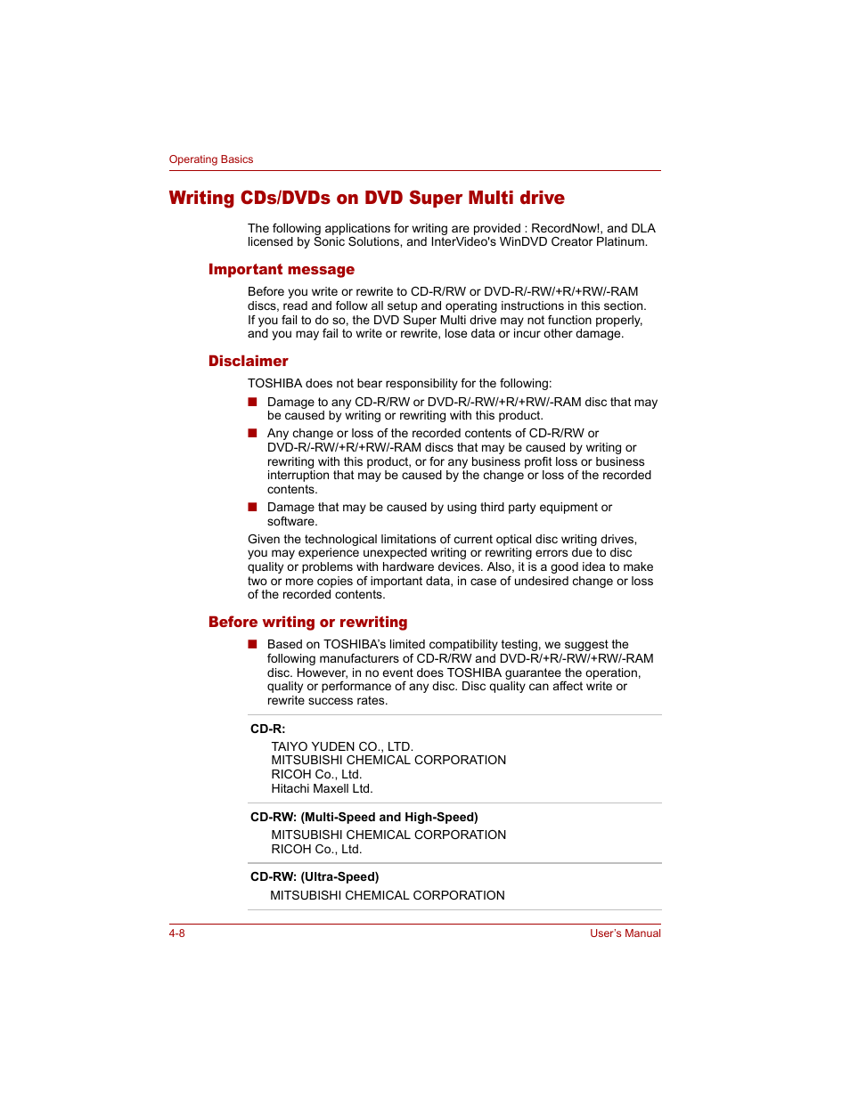 Writing cds/dvds on dvd super multi drive, Important message, Disclaimer | Before writing or rewriting, Writing cds/dvds on dvd super multi drive -8 | Toshiba Qosmio G20 (PQG20) User Manual | Page 80 / 264