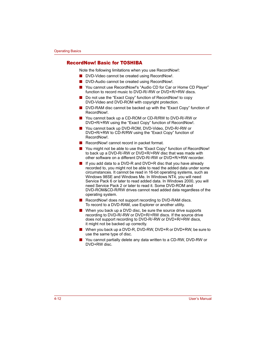 Recordnow! basic for toshiba, Recordnow! basic for toshiba -12 | Toshiba Qosmio G20 (PQG20) User Manual | Page 84 / 264