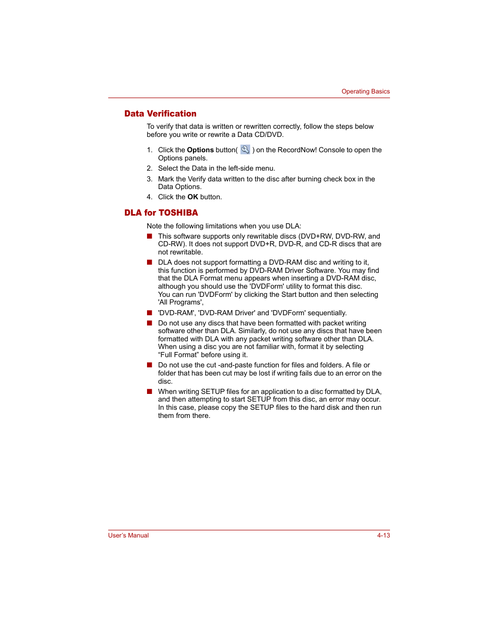 Data verification, Dla for toshiba, Data verification -13 dla for toshiba -13 | Toshiba Qosmio G20 (PQG20) User Manual | Page 85 / 264