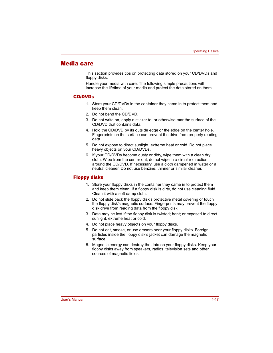 Media care, Cd/dvds, Floppy disks | Media care -17, Cd/dvds -17 floppy disks -17 | Toshiba Qosmio G20 (PQG20) User Manual | Page 89 / 264