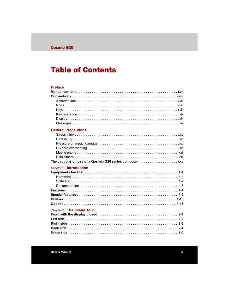 Toshiba Qosmio G20 (PQG20) User Manual | Page 9 / 264