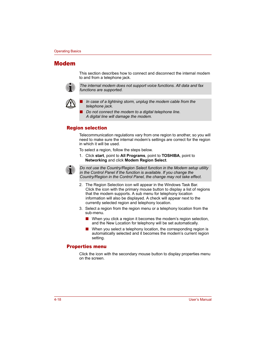 Modem, Region selection, Properties menu | Modem -18, Region selection -18 properties menu -18 | Toshiba Qosmio G20 (PQG20) User Manual | Page 90 / 264