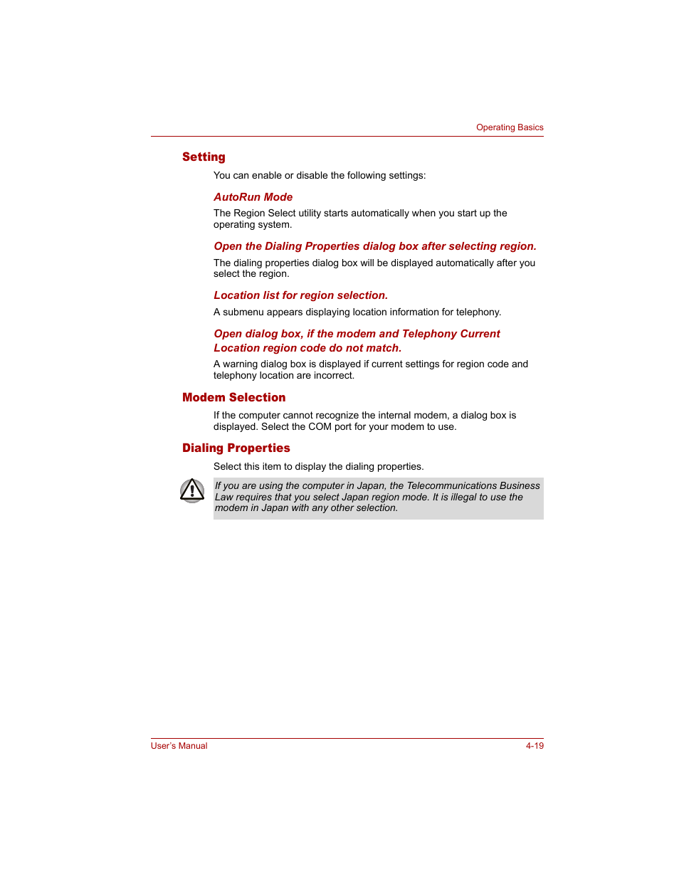 Setting, Modem selection, Dialing properties | Toshiba Qosmio G20 (PQG20) User Manual | Page 91 / 264