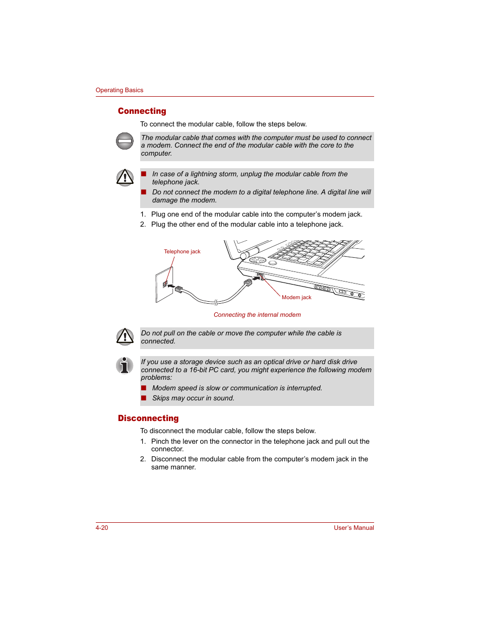 Connecting, Disconnecting, Connecting -20 disconnecting -20 | Toshiba Qosmio G20 (PQG20) User Manual | Page 92 / 264